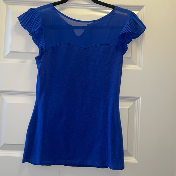 Express Royal Blue Mesh Detail Ruffle Sleeve fitted short sleeve - Picture 1 of 2